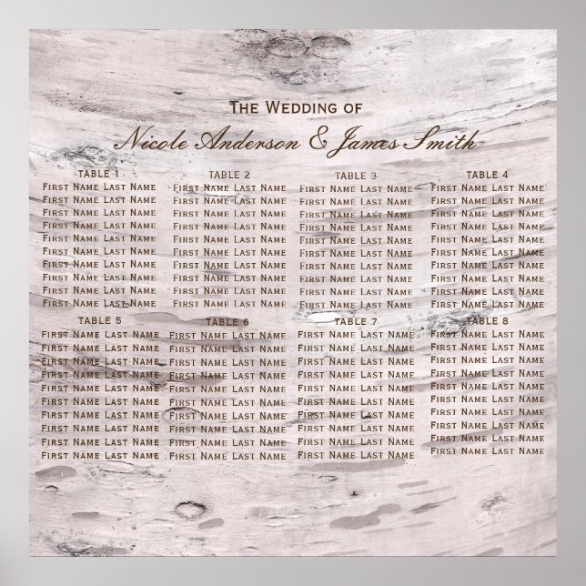 White Birch Tree Wood Rustic Barn Seating Chart (Front)