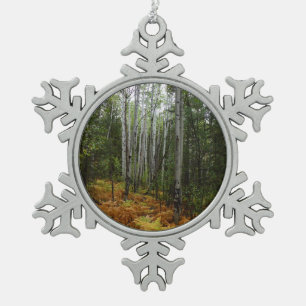 White Birch Trees and Fall Ferns at Rocky Mountain Snowflake Pewter Christmas Ornament