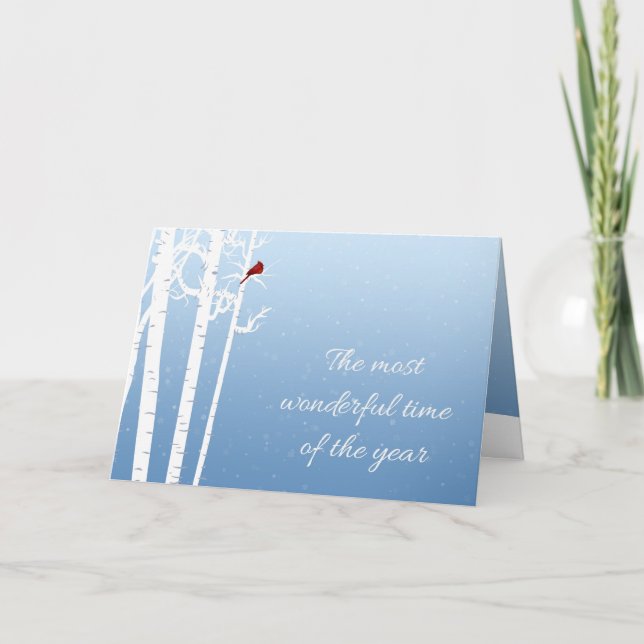 White Birch Trees, Red Cardinal, Snowfall Holiday Card (Front)