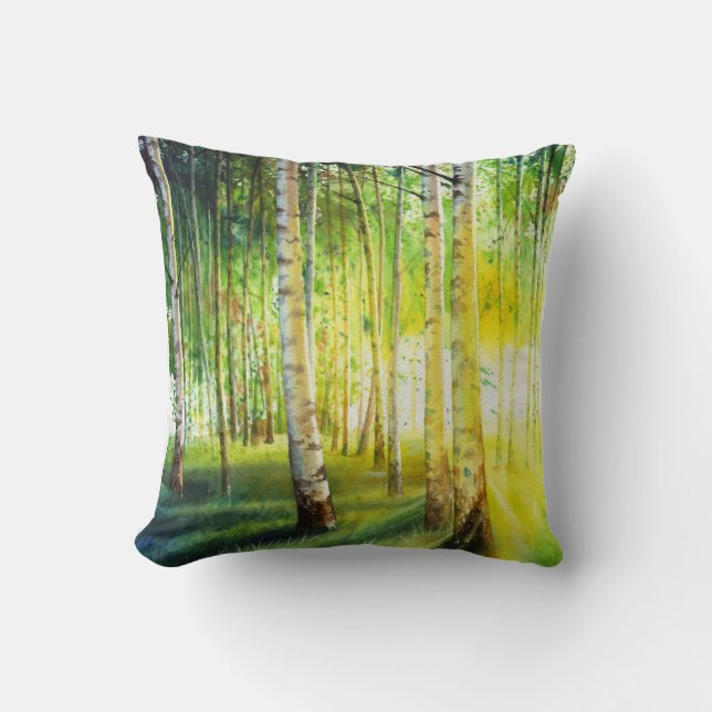 White Birch with Sun Streaming Through Throw Pillow (Front)