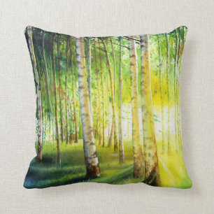 White Birch with Sun Streaming Through Throw Pillow