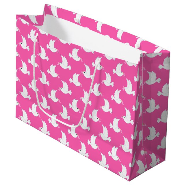 White Bird Breast Cancer Awareness Pattern Large Gift Bag (Front Angled)