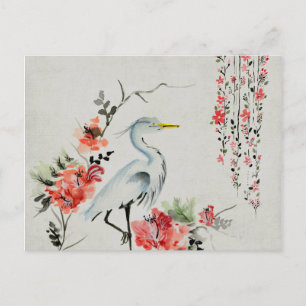 White Bird Flowers Drawing Art Postcard