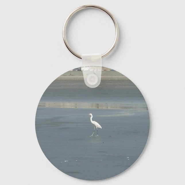 White Bird on Gray Sand Beach Art Print Keychain (Front)