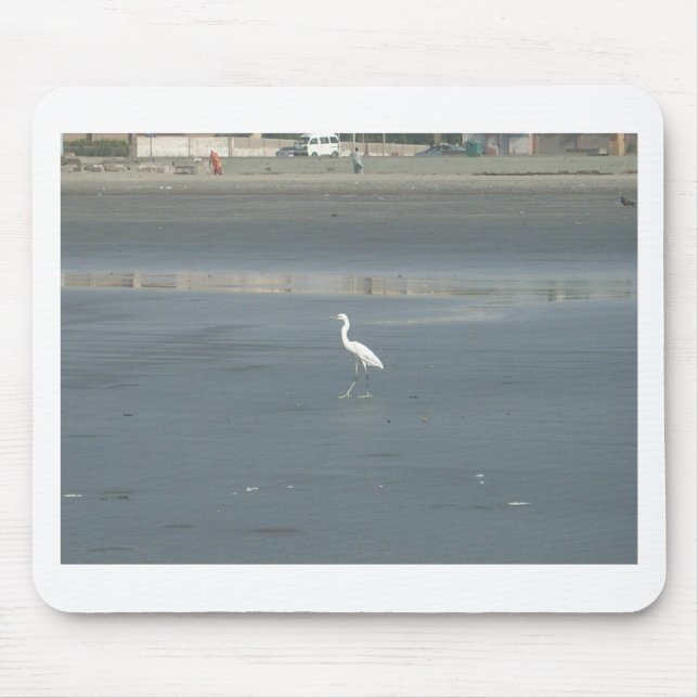 White Bird on Grey Sand Beach Art Print Mouse Pad (Front)