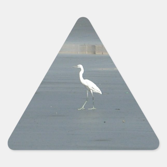 White Bird on Grey Sand Beach Art Print Triangle Sticker (Front)