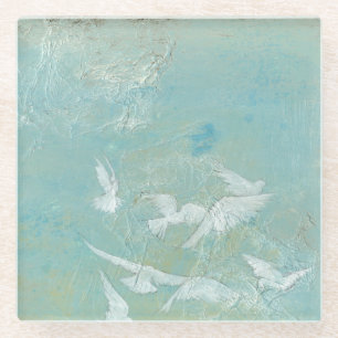 White Birds Flying Through Blue Sky Glass Coaster