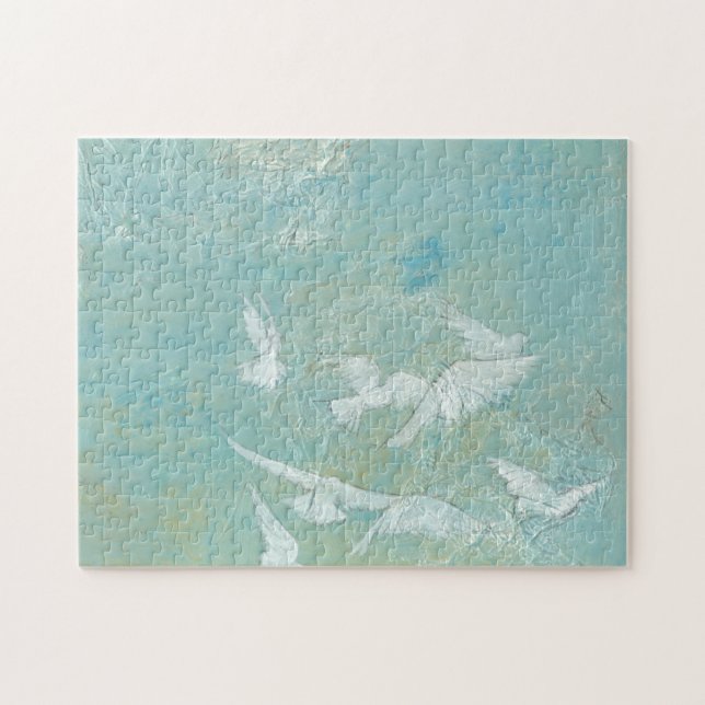 White Birds Flying Through Blue Sky Jigsaw Puzzle (Horizontal)