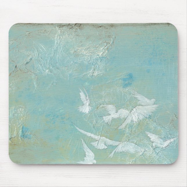 White Birds Flying Through Blue Sky Mouse Pad (Front)