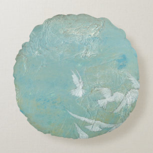 White Birds Flying Through Blue Sky Round Pillow