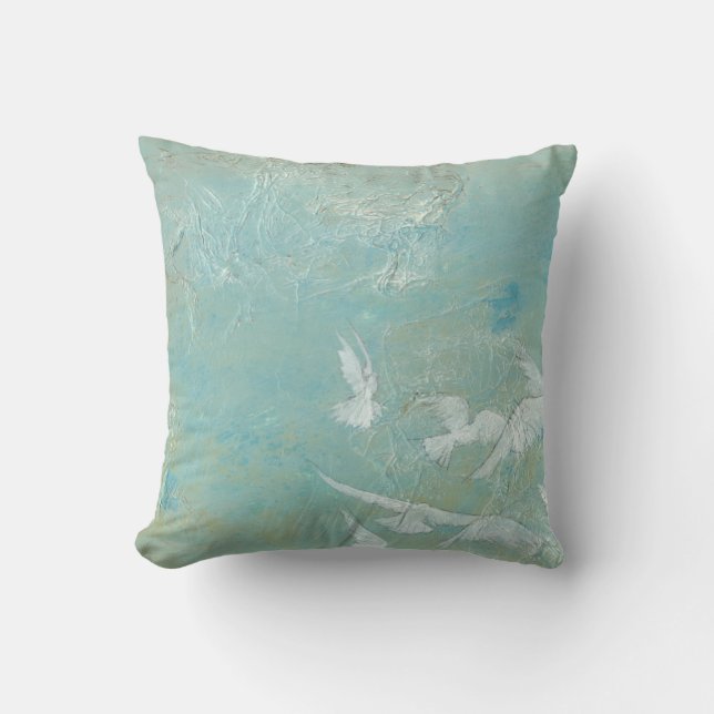 White Birds Flying Through Blue Sky Throw Pillow (Front)