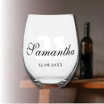 White Birthday Number | Black Name Date Stemless Wine Glass<br><div class="desc">White Personalized Birthday 16th,  18th,  21st,  30th,  40th,  50th,  60th,  70th,  80th,  90th,  100th Number | Black Elegant Handwritten Name and Date Stemless Wine Glass</div>