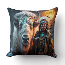 White Bison and Native American Chief Throw Pillow