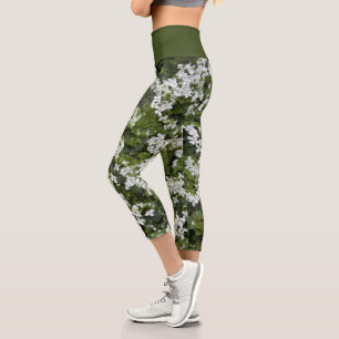 White Bittercess and Green Foliage Floral Capri Leggings