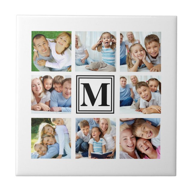 White Black 8 Family Photo Collage Monogram Tile (Front)