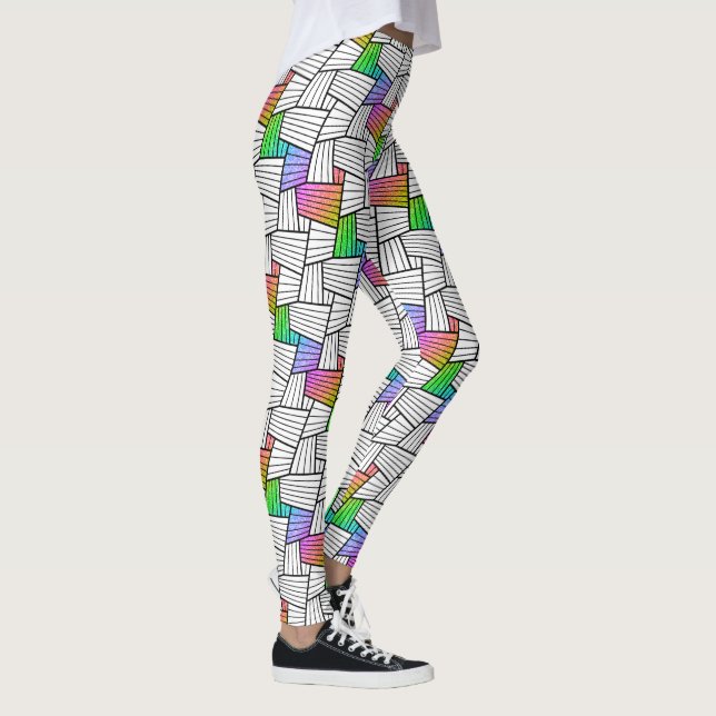 White & Black Abstract Lines Pattern Colour Accent Leggings (Right)