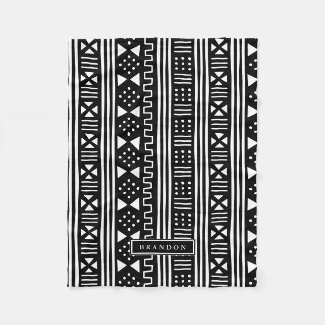 White|Black African MudCloth Inspired Personalized Fleece Blanket (Front)