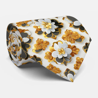 White, Black and Gold Floral Neck Tie