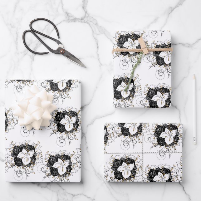 White, Black and Gold Flower Wrapping Paper Sheet (Front)