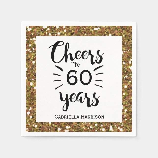 White Black and Gold Glitter 60th Birthday Napkin (Front)