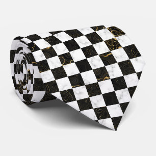 White Black and Gold Marble Chequerboard Tie
