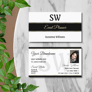 White Black and Gold Stripes with Monogram & Photo Business Card