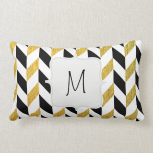 White, Black and Golden Chevron Pattern Lumbar Pillow
