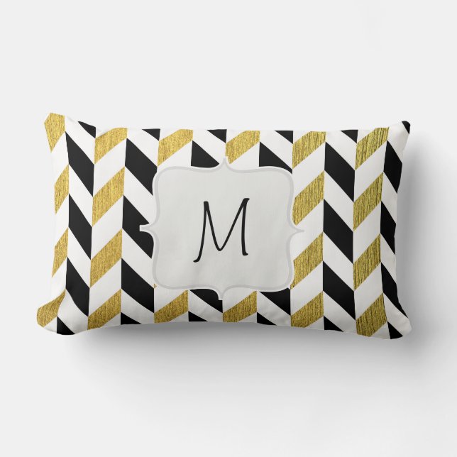 White, Black and Golden Chevron Pattern Lumbar Pillow (Front)