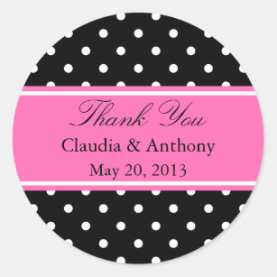 White, Black and Pink Polka Dot Pattern  Thank You Classic Round Sticker