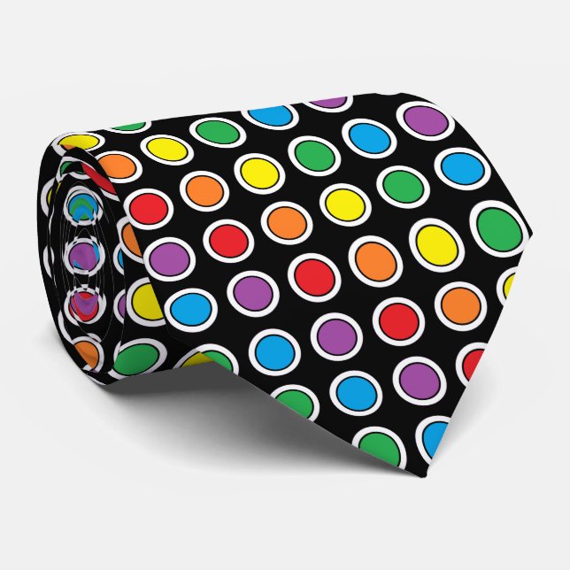 White, Black and Rainbow Polka Dots Tie (Rolled)