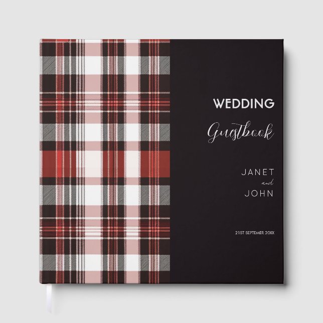 White, Black and Red Scottish Tartan Wedding  Guest Book (Front)