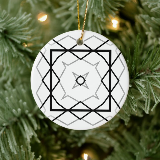 White Black and Silver Geometric pattern Ceramic Ornament (Tree)