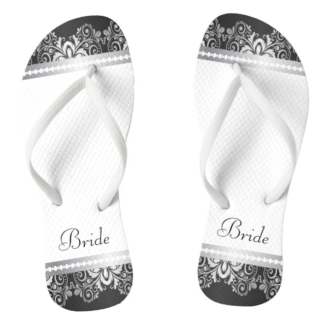 White, Black and Silver Lace | Wedding Party Flip Flops (Footbed)