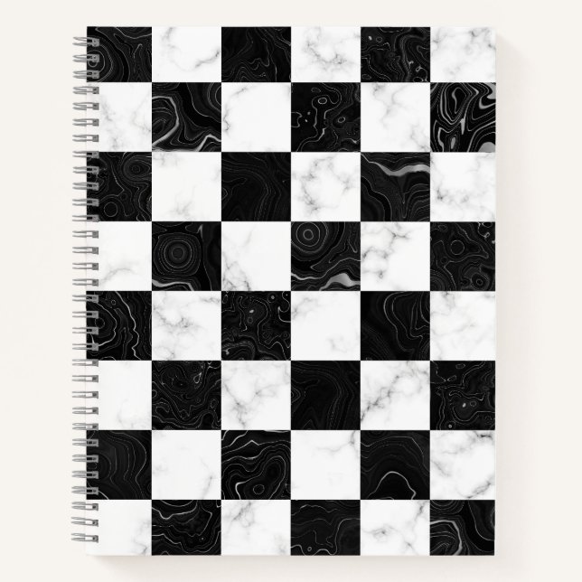 White Black and Silver Marble Chequerboard Notebook (Front)