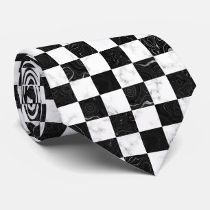 White Black and Silver Marble Chequerboard Tie