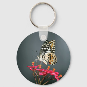 White Black and Yellow Butterfly on Pink Flowers Keychain