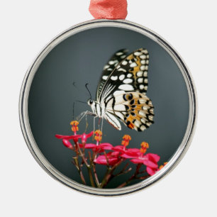 White Black and Yellow Butterfly on Pink Flowers Metal Ornament