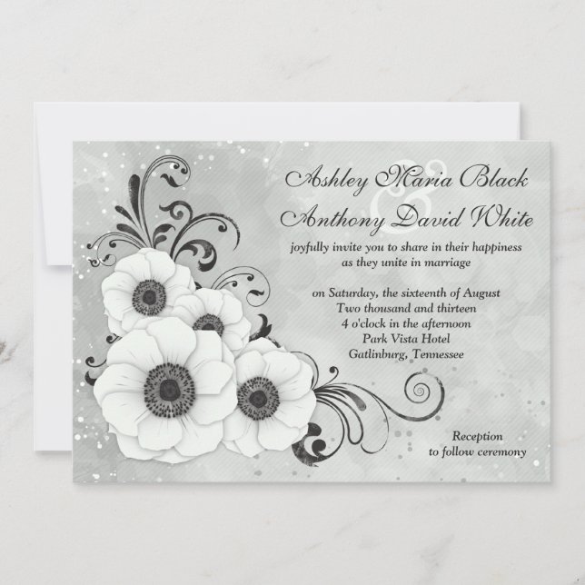 White Black Anemone Flower Floral Wedding Invitation (Front)