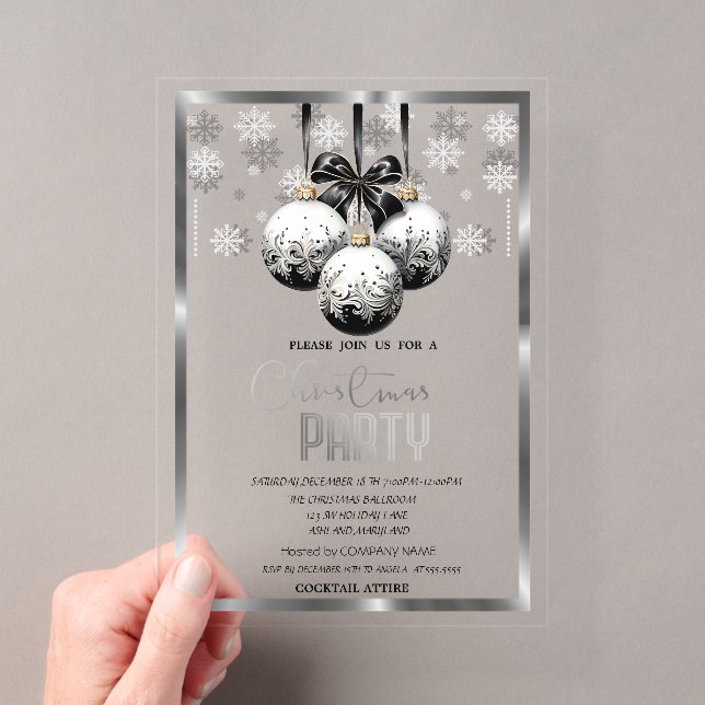 White Black Balls Snowflakes Company Christmas  Acrylic Invitations (Insitu (Handheld))