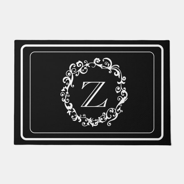 White Black Border Design Monogram Letter Doormat (Front)