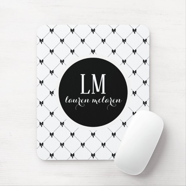White & Black Bow Monogram Mouse Pad (With Mouse)