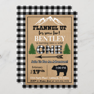 White Black Buffalo Plaid 1st Birthday Invitation