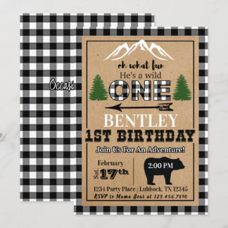 White Black Buffalo Plaid Birthday Invitation