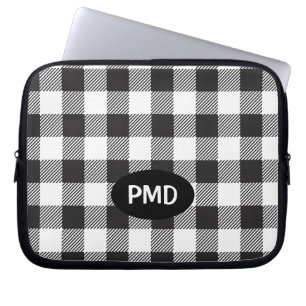 White Black Buffalo Plaid Check Monogram Initials Laptop Sleeve