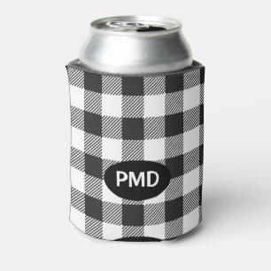 White Black Buffalo Plaid Monogram Initials Can Cooler