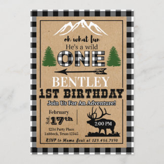 White Black Buffalo Plaid Moose Birthday Invitatio Invitation