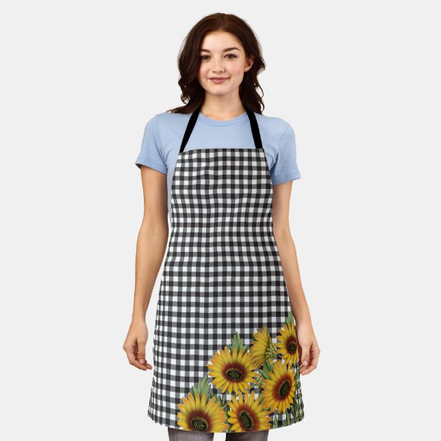 White Black Buffalo Plaid Yellow Sunflowers Apron (Worn)