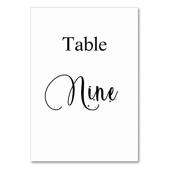 White Black calligraphy table nine 9 Table Number (Front)