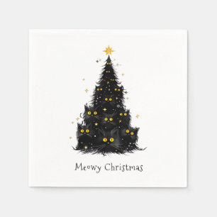 White Black Cat Meowy Christmas Tree Napkin