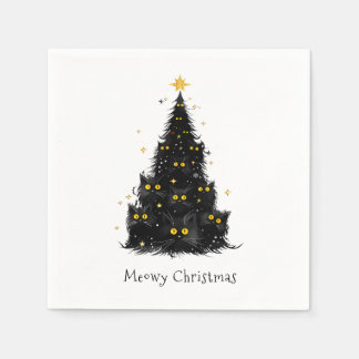 White Black Cat Meowy Christmas Tree Napkin